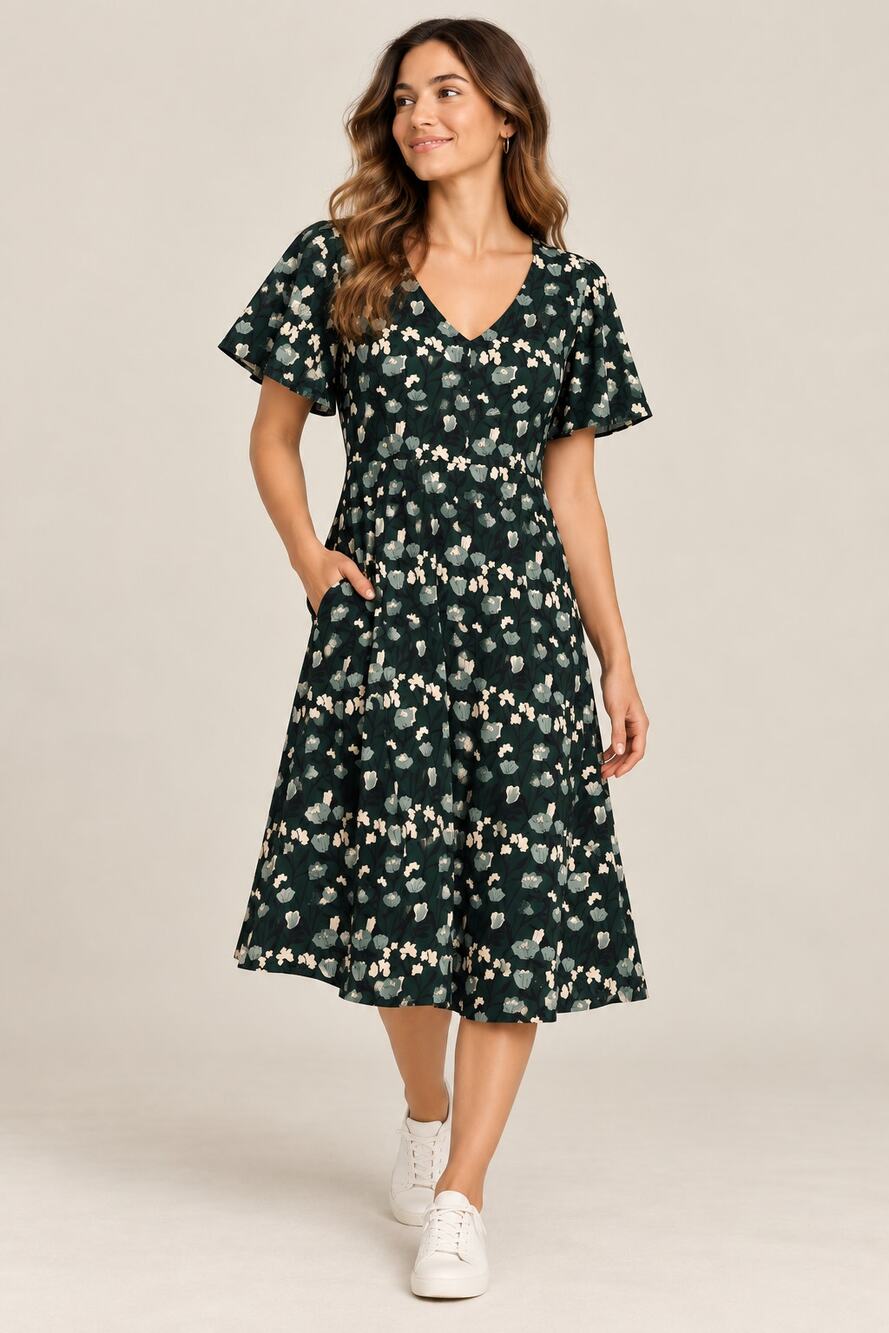 Pact Water's Edge Wildflowers Floral Midi Dress XL Organic Cotton Dark Green